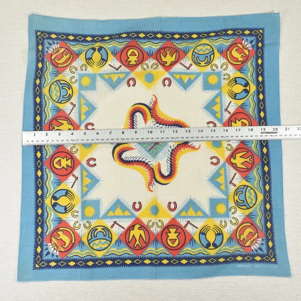 Vintage 80s Bandana Southwestern Tribal Native Print Light Blue 20.5x21 Cotton